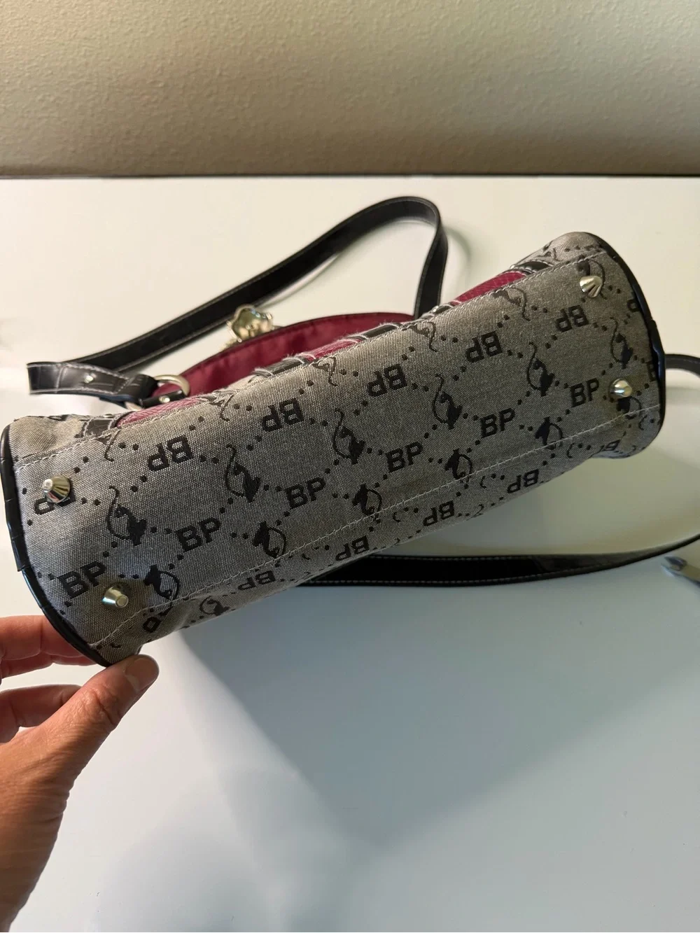 Baby Phat Gray and Black Shoulder Bag with Metallic Feline Clasp